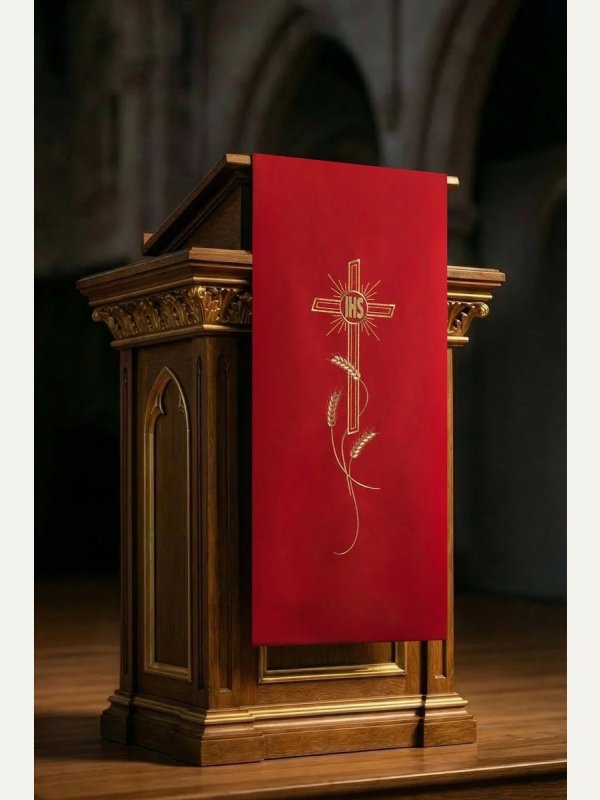 Lektorium/welon na ambonę, haftowany krzyż i napis IHS (kolory liturgiczne) 5