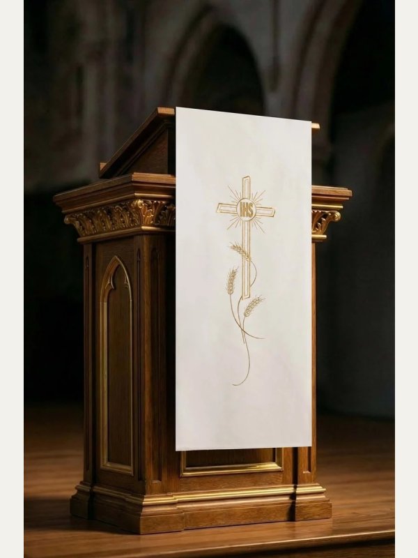 Lektorium/welon na ambonę, haftowany krzyż i napis IHS (kolory liturgiczne) 7