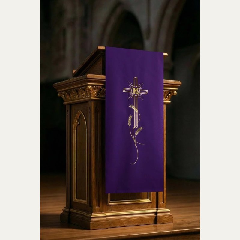 Lektorium/welon na ambonę, haftowany krzyż i napis IHS (kolory liturgiczne)