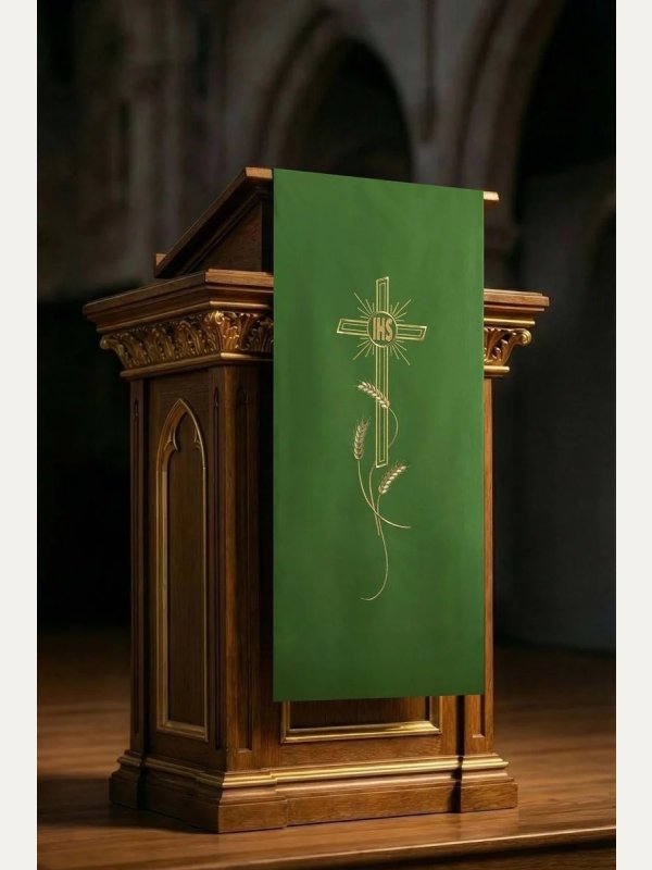 Lektorium/welon na ambonę, haftowany krzyż i napis IHS (kolory liturgiczne) 3
