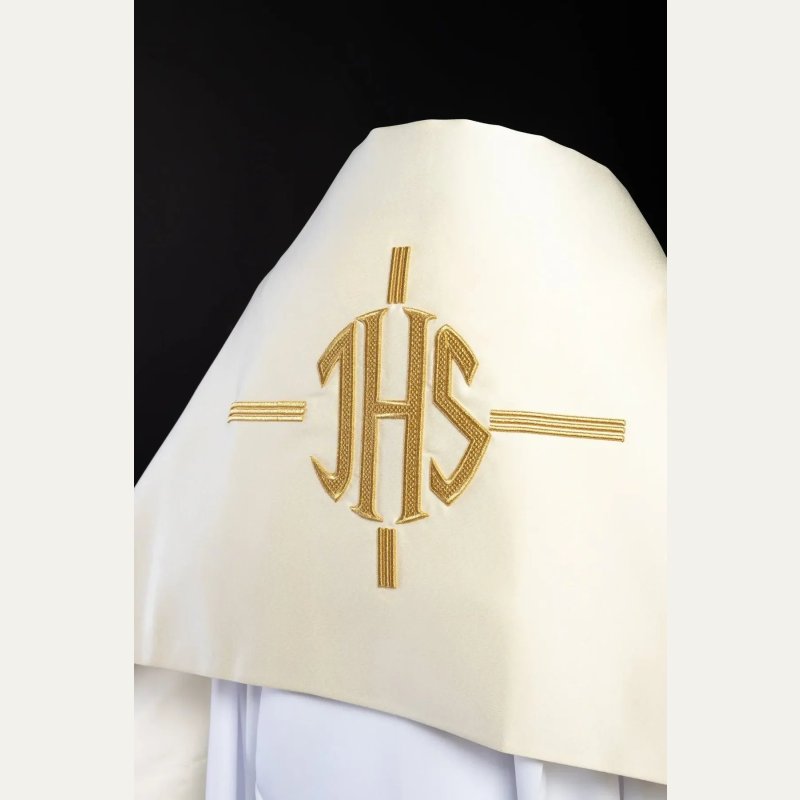 Welon liturgiczny haftowany IHS, ecru satyna