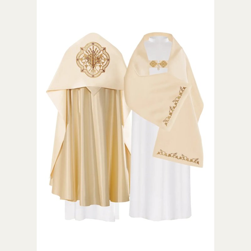 Welon liturgiczny IHS haftowany, ecru satyna