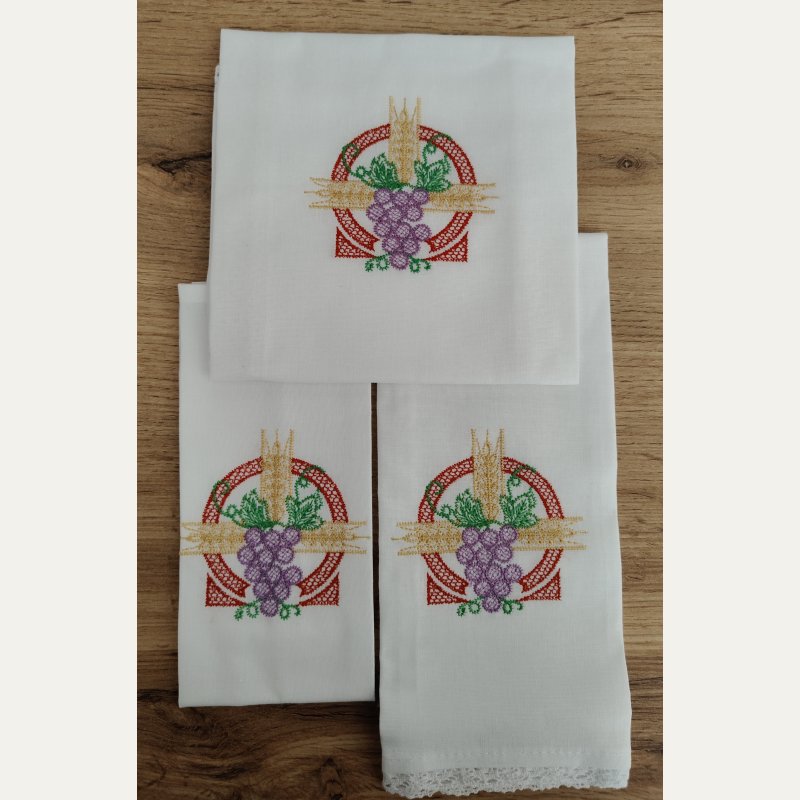 Bielizna kielichowa z haftem eucharystycznym: Hostia, kłosy i winogrona – komplet liturgiczny