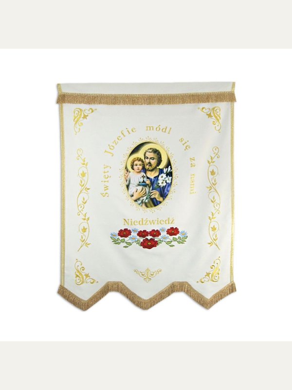 Chorągiew drukowana (Matka Boża, Św. Józef) + haftowane napisy, ornamenty 3