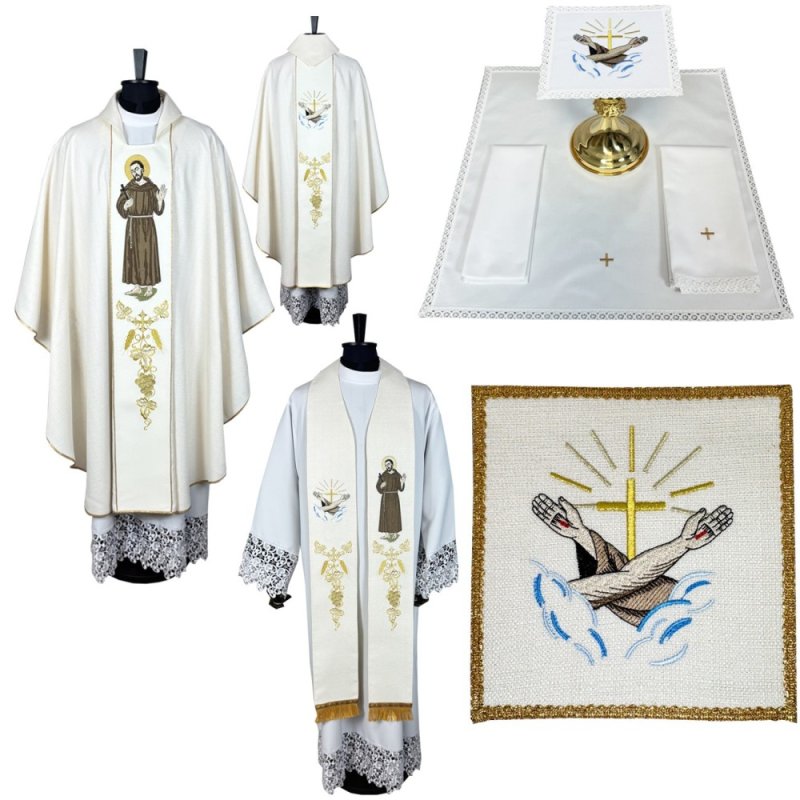 Komplet ornat haftowany, stuła, bielizna kielichowa, palka - Święty Franciszek
