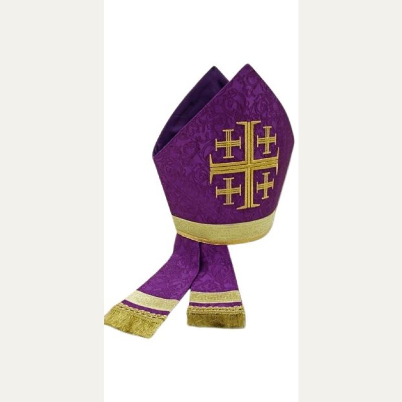 Mitra biskupia, haftowana - złoty Krzyż Jerozolimski (kolory liturgiczne)