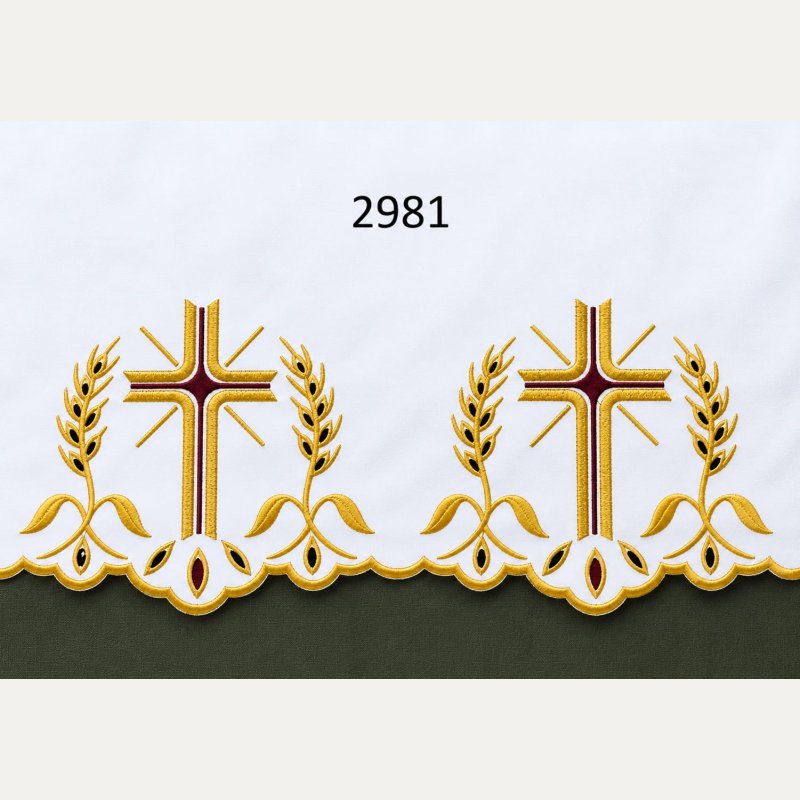Obrus kościelny haftowany – Krzyż złoty (środek bordo) i kłosy