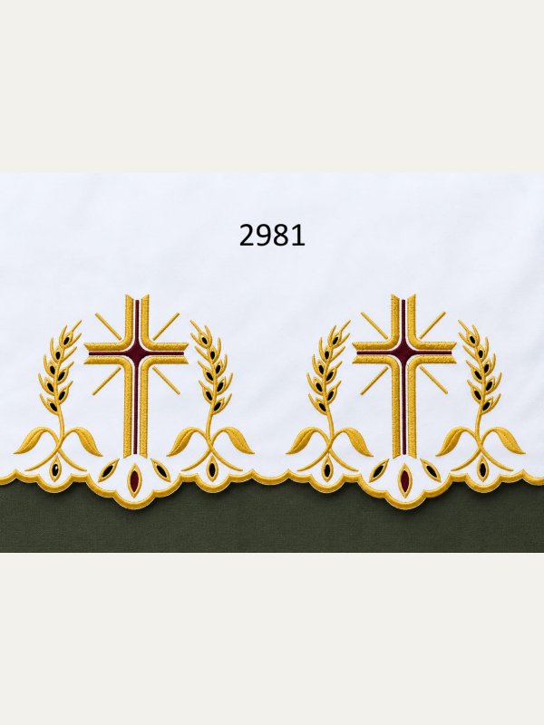 Obrus kościelny haftowany – Krzyż złoty (środek bordo) i kłosy