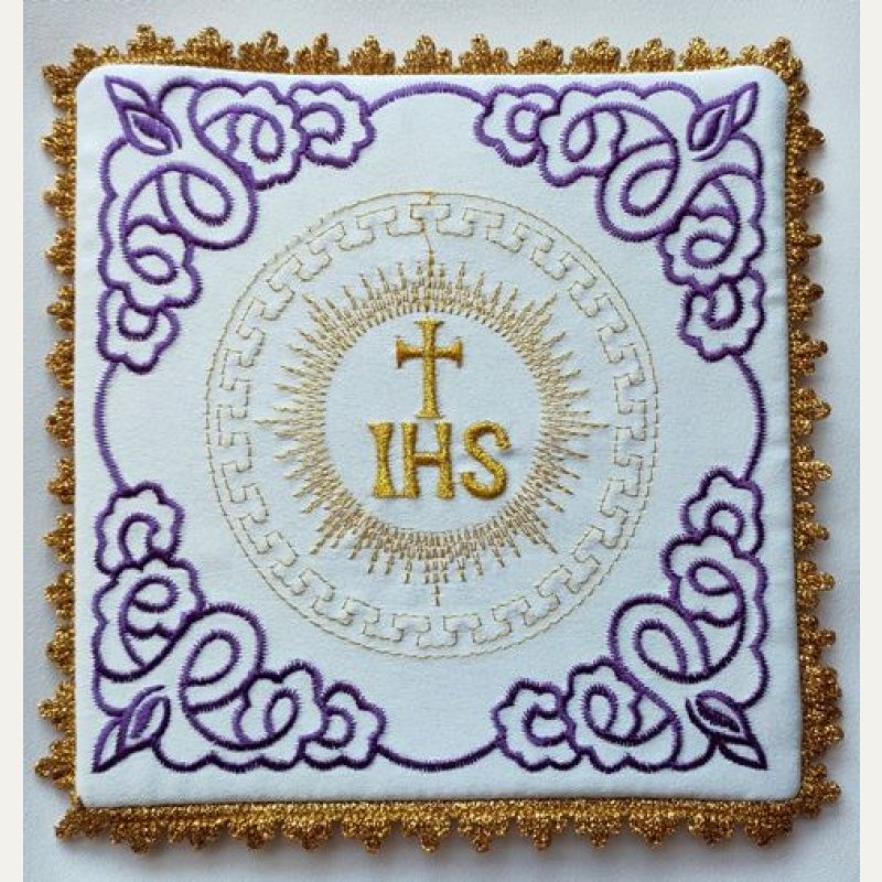 Palka haftowana biała, fiolet IHS (5)