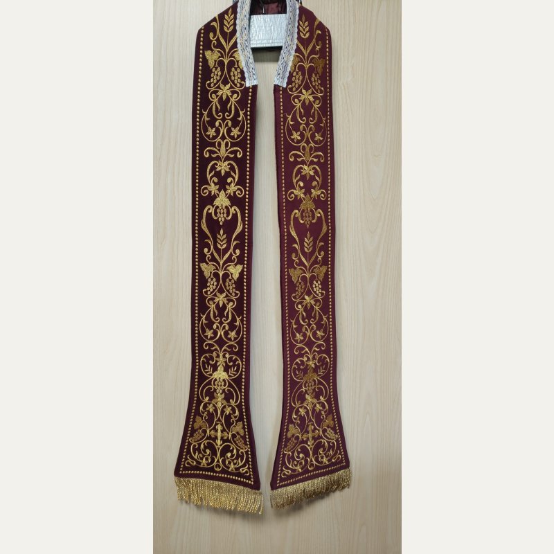 Stuła rzymska bordowa z motywem eucharystycznym, aksamit - 120 cm
