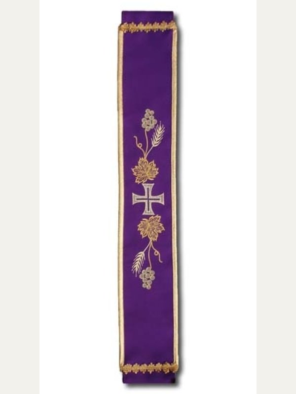 Szarfa do dzwonków fioletowa z haftem złotym – krzyż, kłosy i winogrona 2