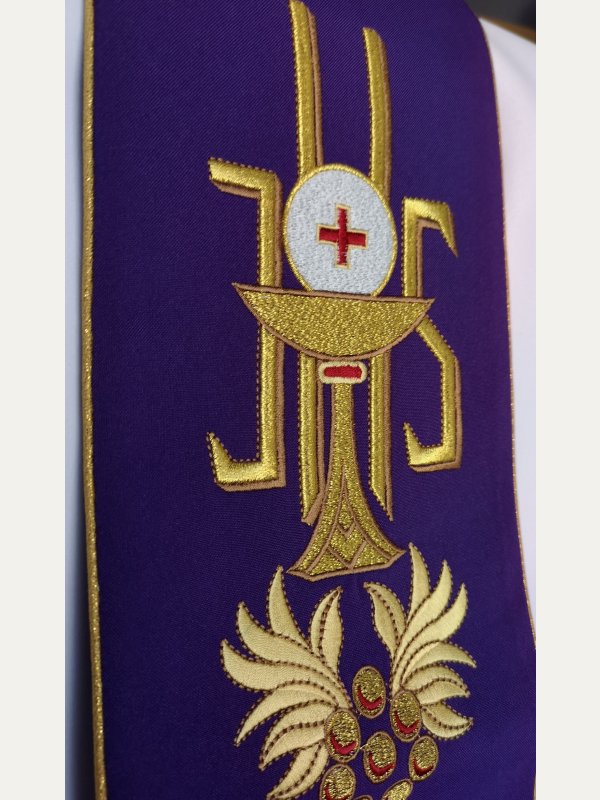 Szarfa do dzwonka liturgicznego fioletowa IHS – haft eucharystyczny 3