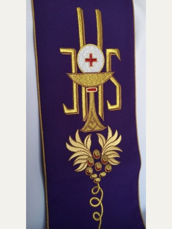 Szarfa do dzwonka liturgicznego fioletowa IHS – haft eucharystyczny 4