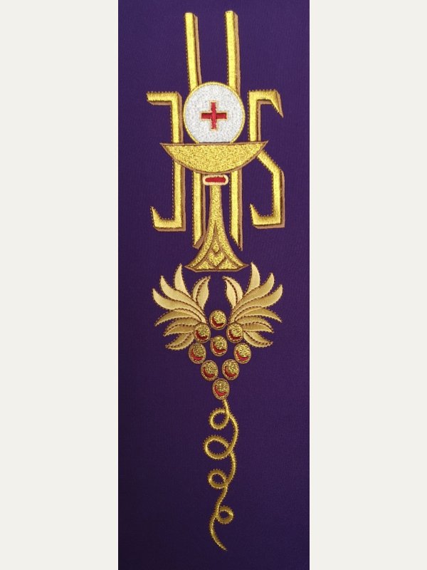 Szarfa do dzwonka liturgicznego fioletowa IHS – haft eucharystyczny 2