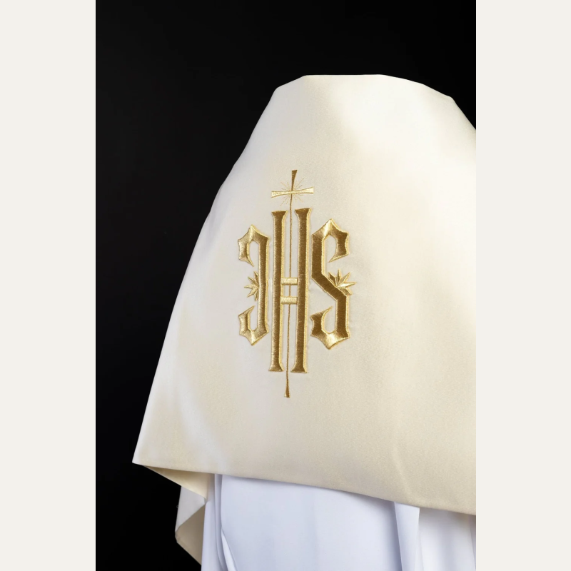 Welon liturgiczny IHS haftowany, ecru satyna